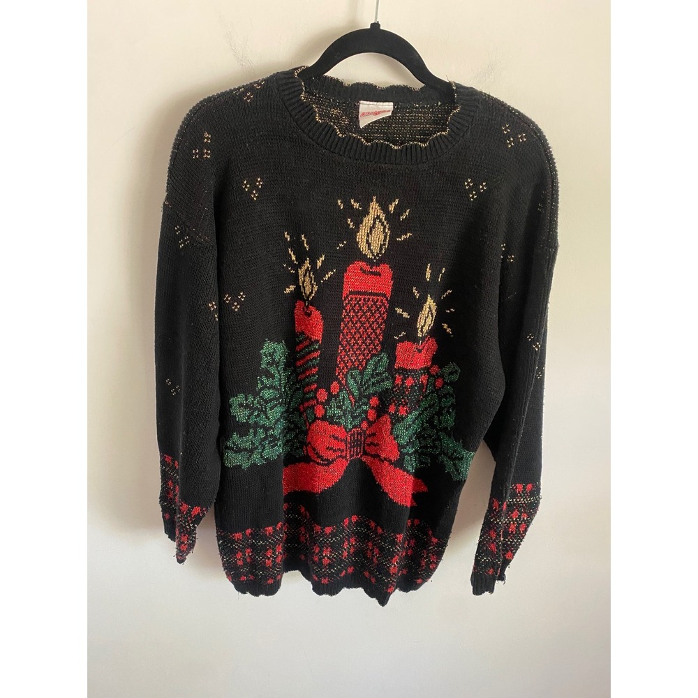 Holiday Time Vintage Christmas Sweater Womens Medium Black Lurex Candle Made USA